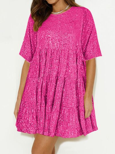 Sparkling Sequin Tiered Mini Dress - MARIGOLD