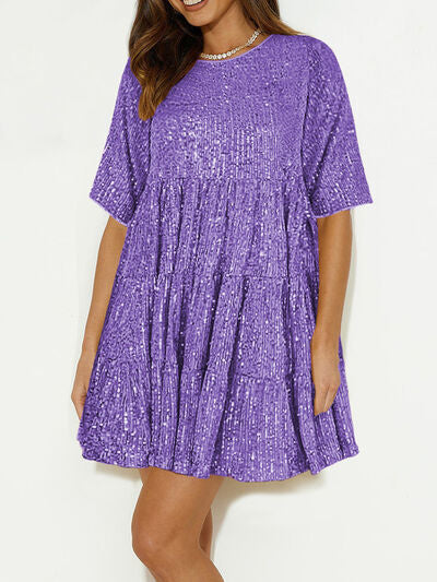 Sparkling Sequin Tiered Mini Dress - MARIGOLD