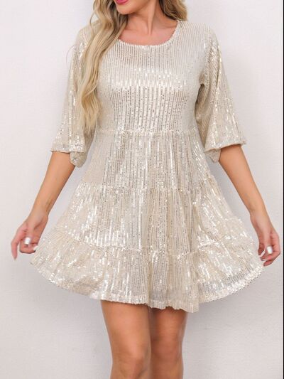 Sparkling Sequin Tiered Mini Dress - MARIGOLD