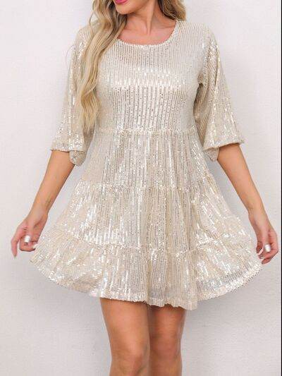 Sparkling Sequin Tiered Mini Dress - MARIGOLD