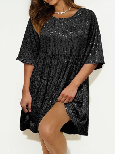 Sparkling Sequin Tiered Mini Dress - MARIGOLD