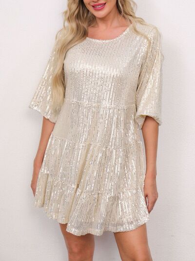 Sparkling Sequin Tiered Mini Dress - MARIGOLD