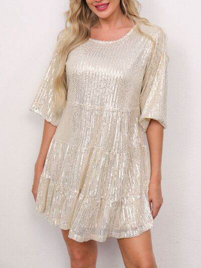 Sparkling Sequin Tiered Mini Dress - MARIGOLD