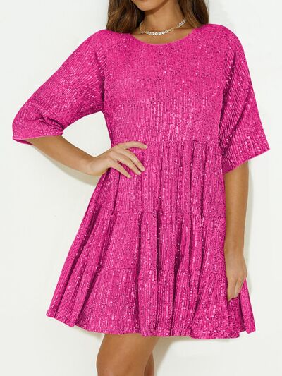 Sparkling Sequin Tiered Mini Dress - MARIGOLD