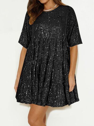 Sparkling Sequin Tiered Mini Dress - MARIGOLD