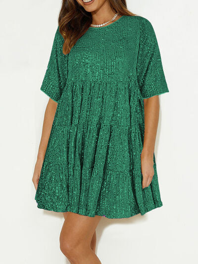Sparkling Sequin Tiered Mini Dress - MARIGOLD