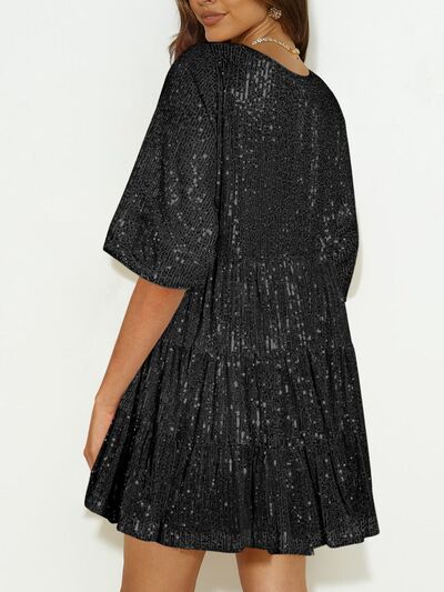 Sparkling Sequin Tiered Mini Dress - MARIGOLD