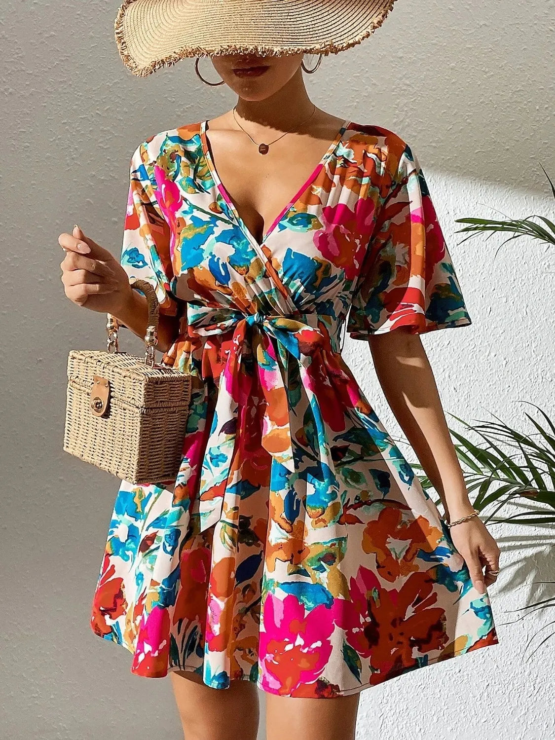 Watercolour Floral Print Belted Mini Dress