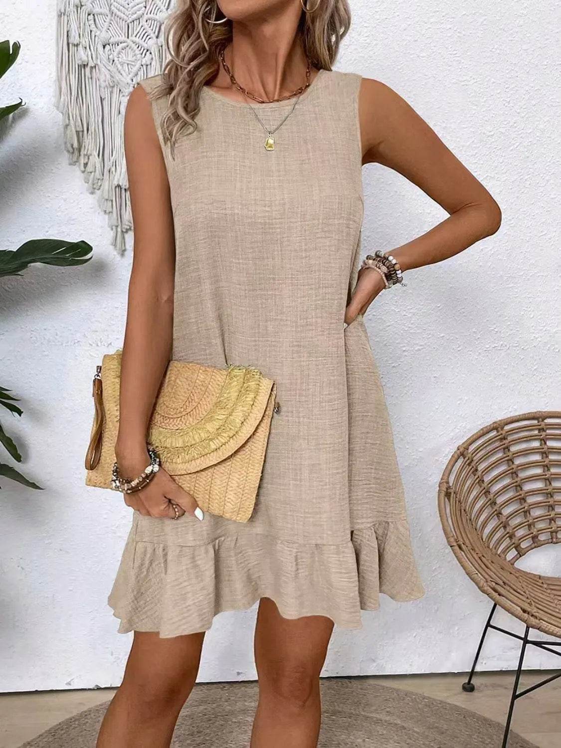 Ruffled Hem Sleeveless Tie-Back Dress - MARIGOLD