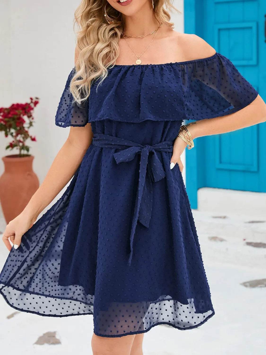 Off-the-Shoulder Belted Mini Dress - MARIGOLD