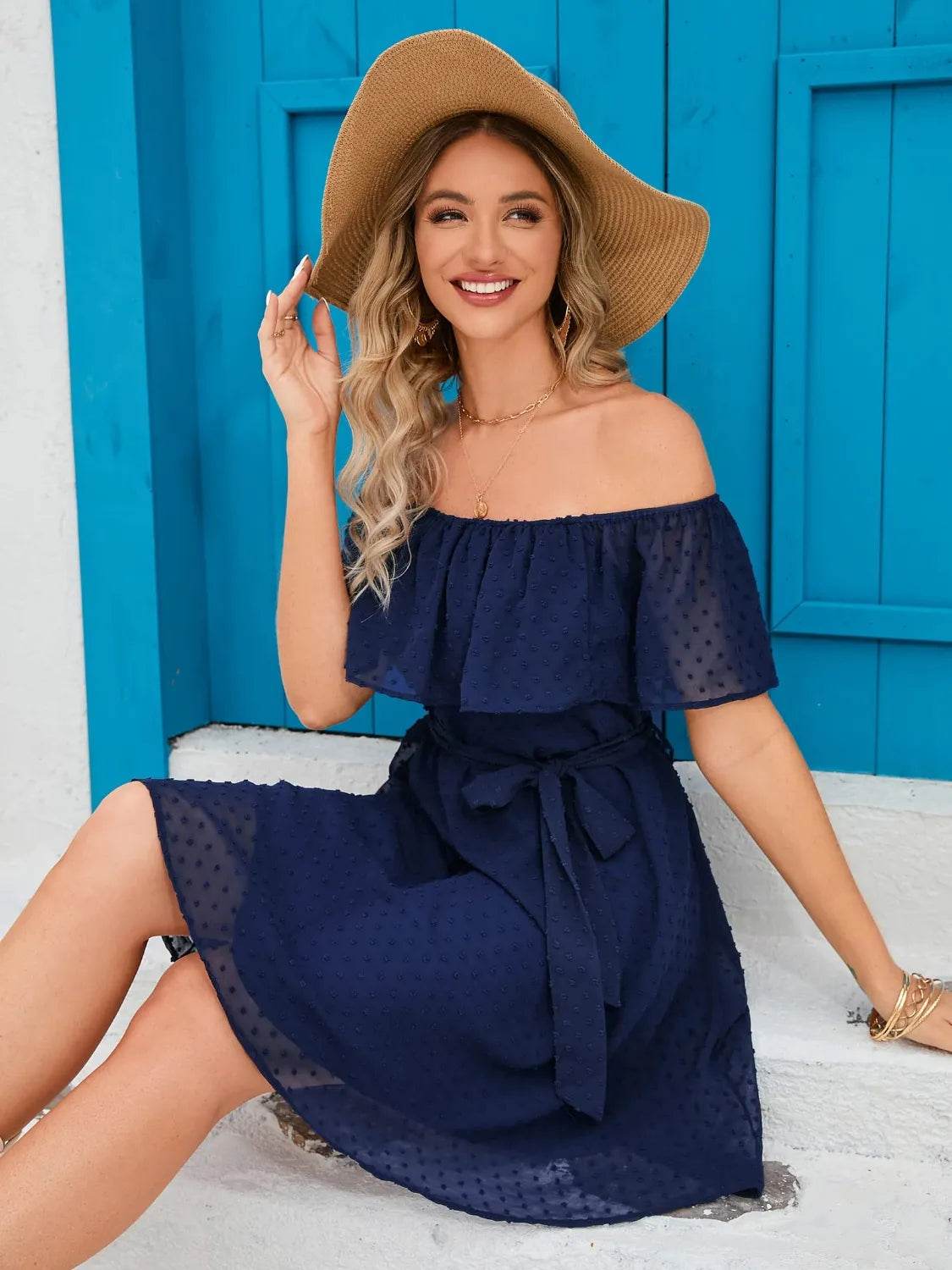 Off-the-Shoulder Belted Mini Dress - MARIGOLD