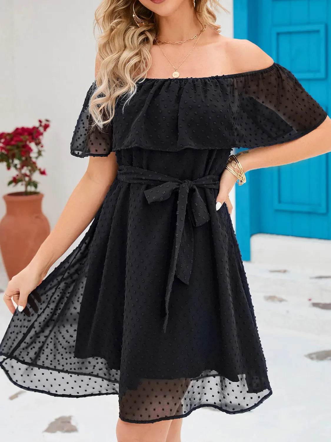 Off-the-Shoulder Belted Mini Dress - MARIGOLD