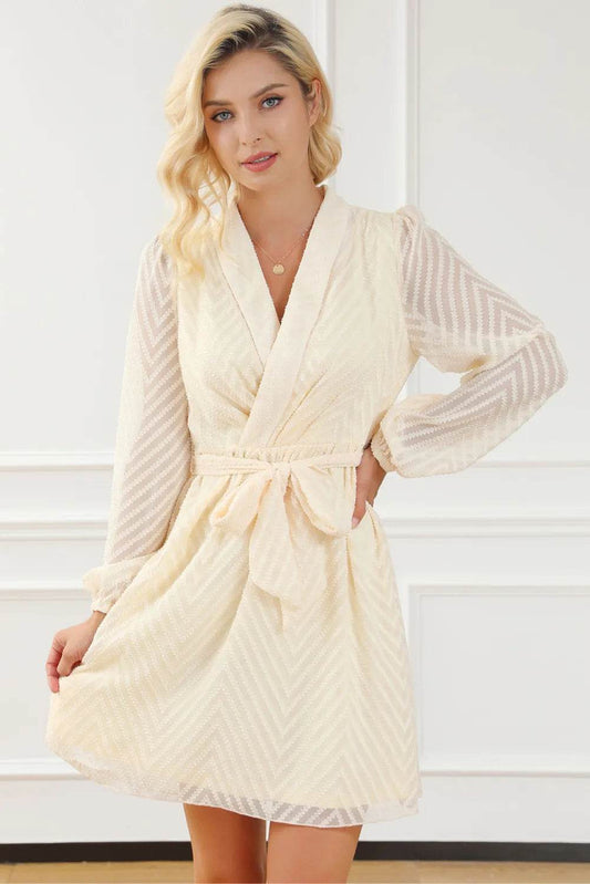 Chevron Surplice Tie-Waist Long-Sleeve Mini Dress - MARIGOLD