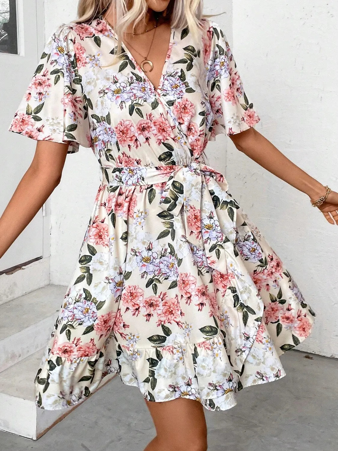 Floral Print Surplice Belted Mini Dress