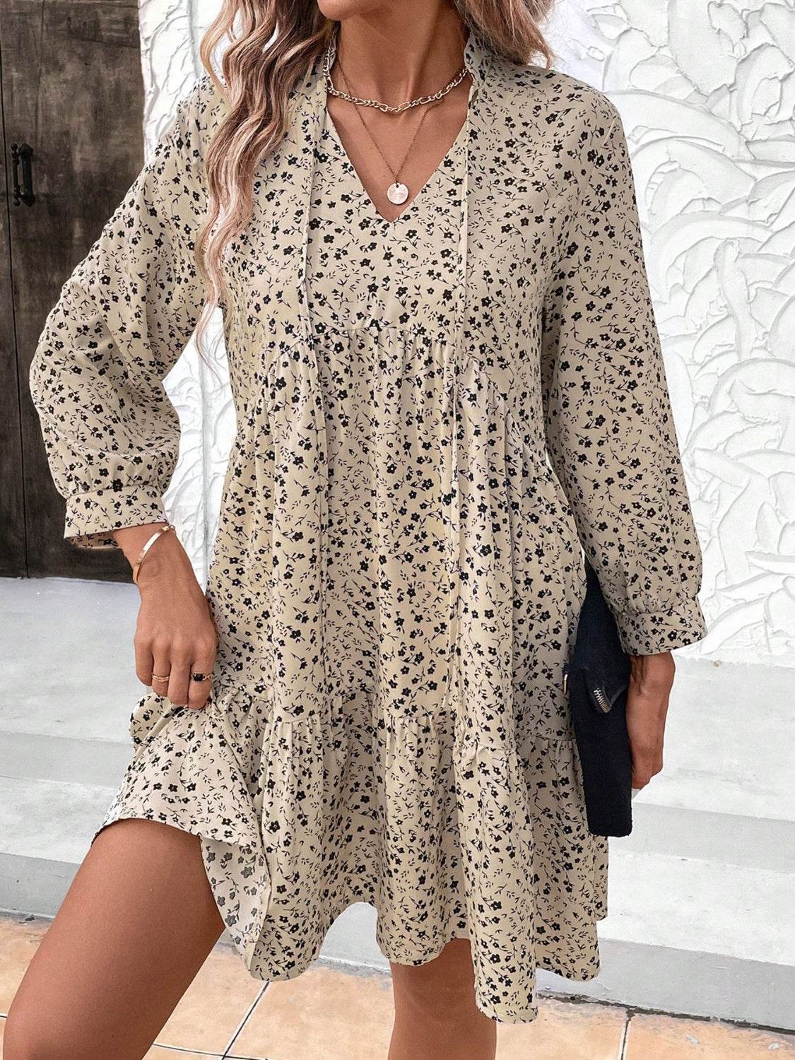 Tied Printed Long Sleeve Mini Dress - MARIGOLD