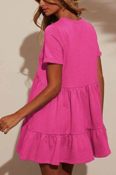 Tiered Round Neck Short Sleeve Mini Dress - MARIGOLD