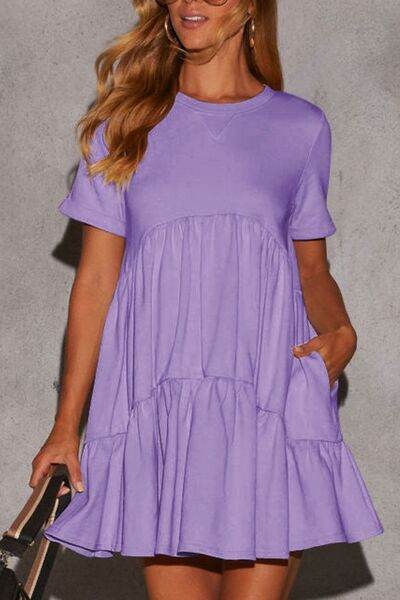 Tiered Round Neck Short Sleeve Mini Dress - MARIGOLD