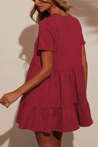Tiered Round Neck Short Sleeve Mini Dress - MARIGOLD