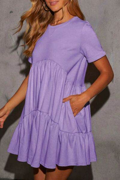 Tiered Round Neck Short Sleeve Mini Dress - MARIGOLD