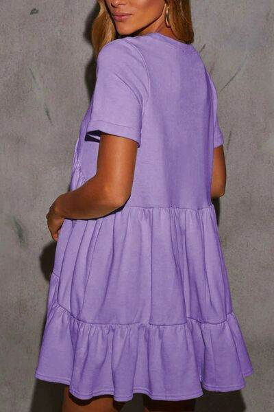 Tiered Round Neck Short Sleeve Mini Dress - MARIGOLD