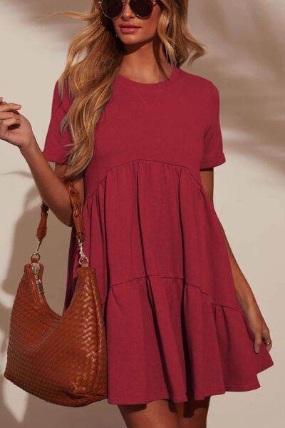 Tiered Round Neck Short Sleeve Mini Dress - MARIGOLD