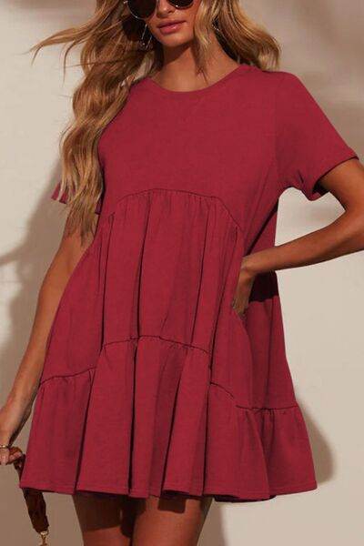 Tiered Round Neck Short Sleeve Mini Dress - MARIGOLD
