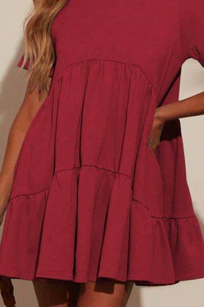 Tiered Round Neck Short Sleeve Mini Dress - MARIGOLD