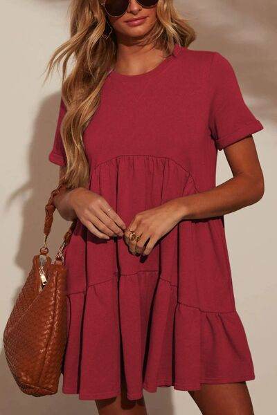 Tiered Round Neck Short Sleeve Mini Dress - MARIGOLD
