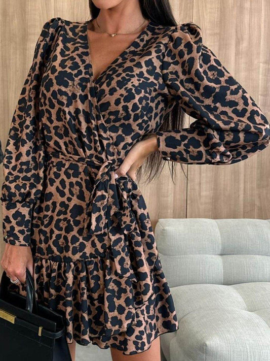 Tied Leopard Surplice Long Sleeve Dress - MARIGOLD