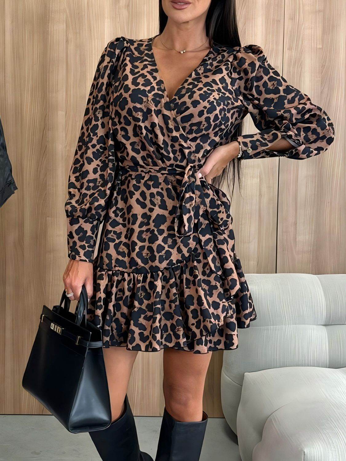 Tied Leopard Surplice Long Sleeve Dress - MARIGOLD