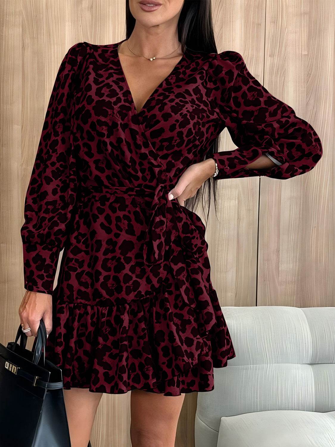 Tied Leopard Surplice Long Sleeve Dress - MARIGOLD