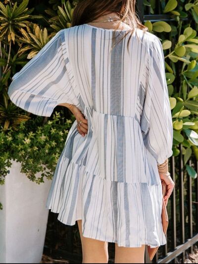 Tassel Striped Tie Neck Batwing Sleeve Dress - MARIGOLD
