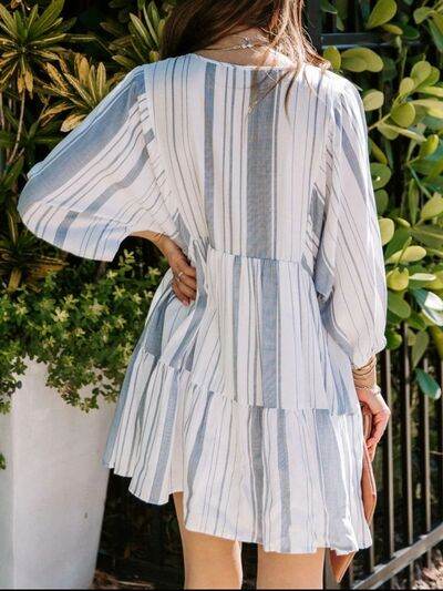Tassel Striped Tie Neck Batwing Sleeve Dress - MARIGOLD