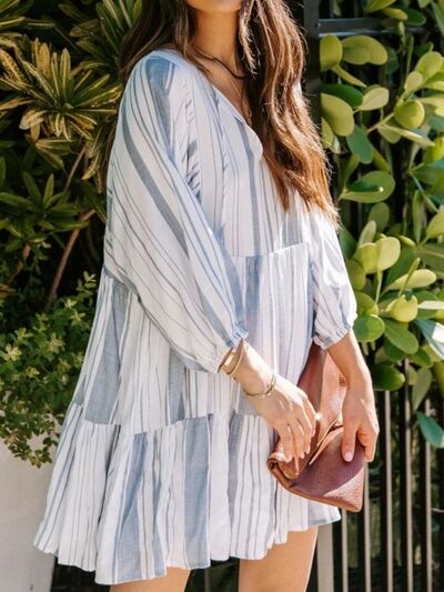 Tassel Striped Tie Neck Batwing Sleeve Dress - MARIGOLD