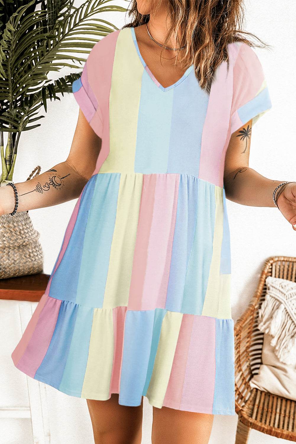 Color Block V-Neck Short Sleeve Mini Dress - MARIGOLD