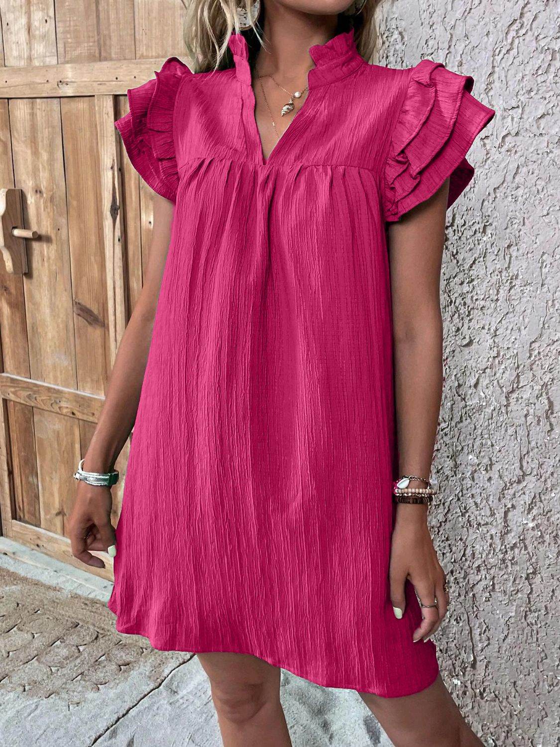 Notched Neckline Mini Dress with Ruffled Cap Sleeves - MARIGOLD