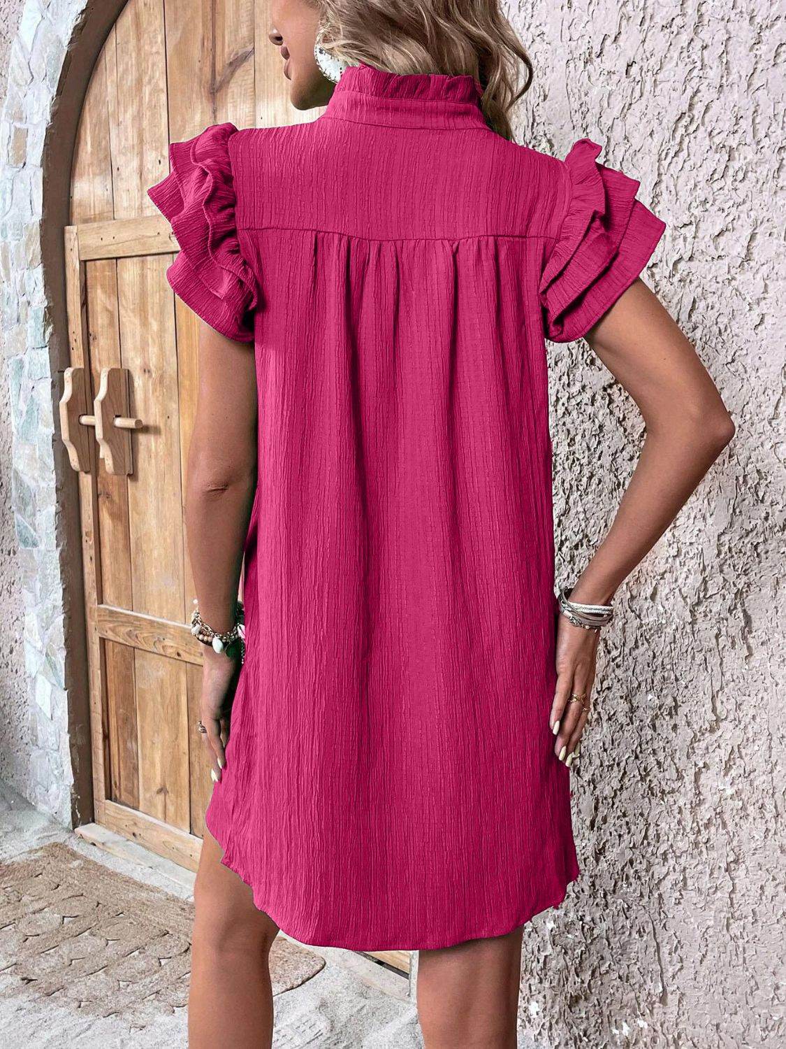 Notched Neckline Mini Dress with Ruffled Cap Sleeves - MARIGOLD