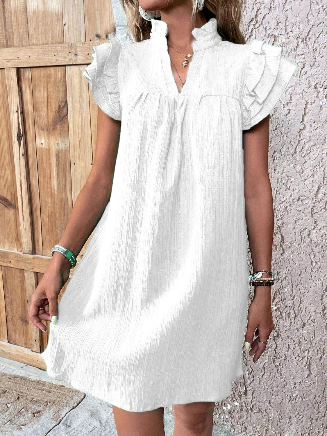 Notched Neckline Mini Dress with Ruffled Cap Sleeves - MARIGOLD