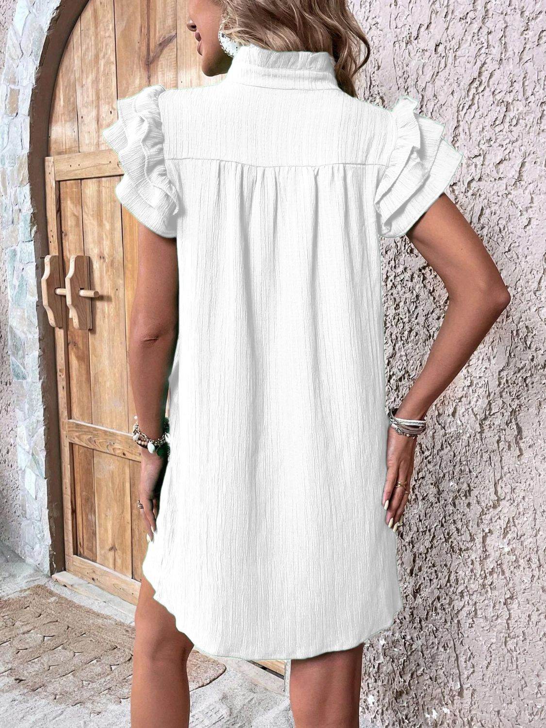 Notched Neckline Mini Dress with Ruffled Cap Sleeves - MARIGOLD