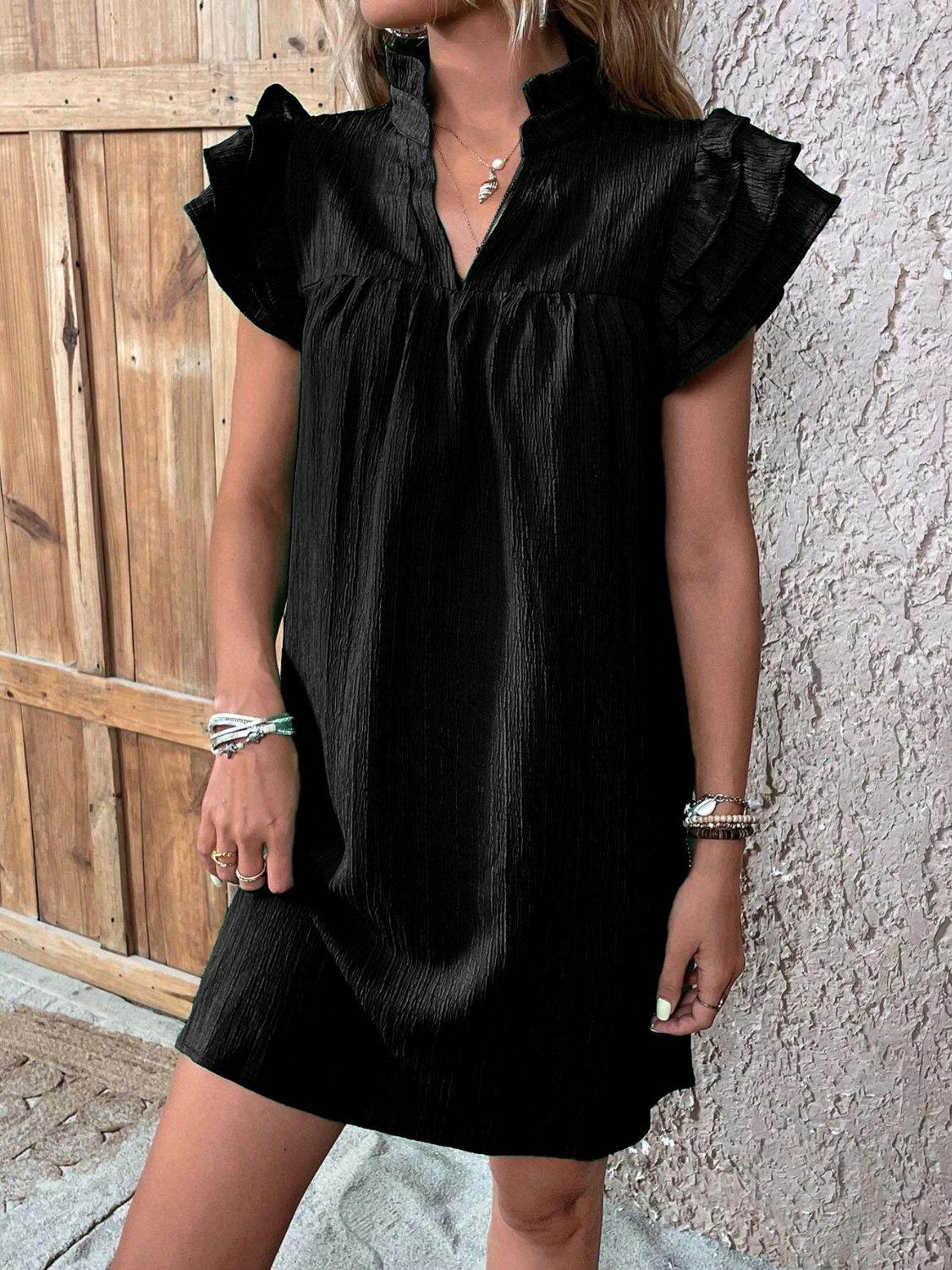 Notched Neckline Mini Dress with Ruffled Cap Sleeves - MARIGOLD