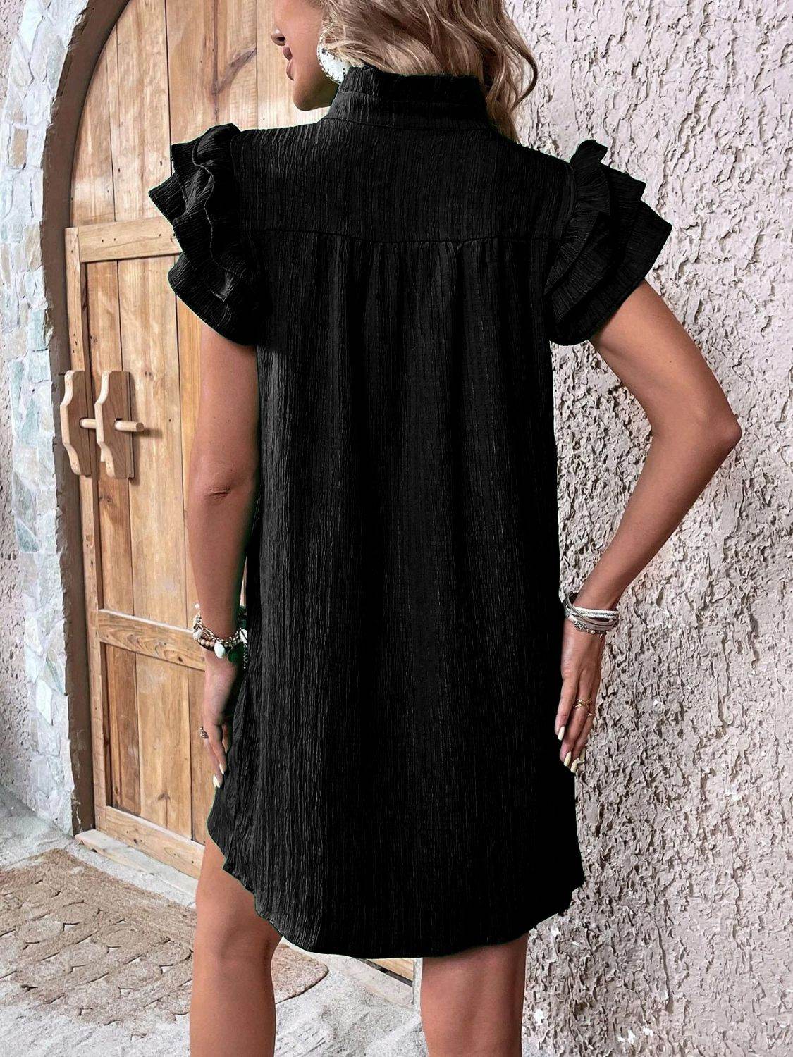 Notched Neckline Mini Dress with Ruffled Cap Sleeves - MARIGOLD