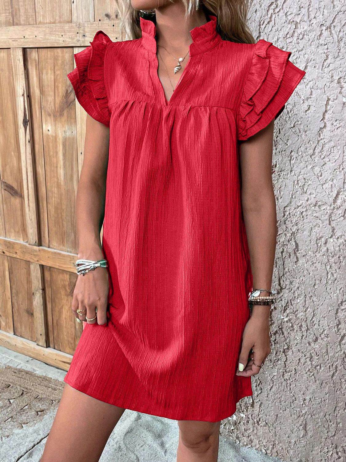 Notched Neckline Mini Dress with Ruffled Cap Sleeves - MARIGOLD