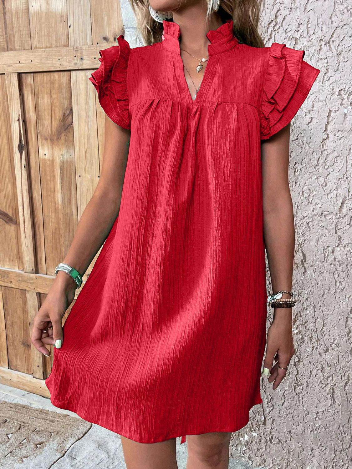 Notched Neckline Mini Dress with Ruffled Cap Sleeves - MARIGOLD