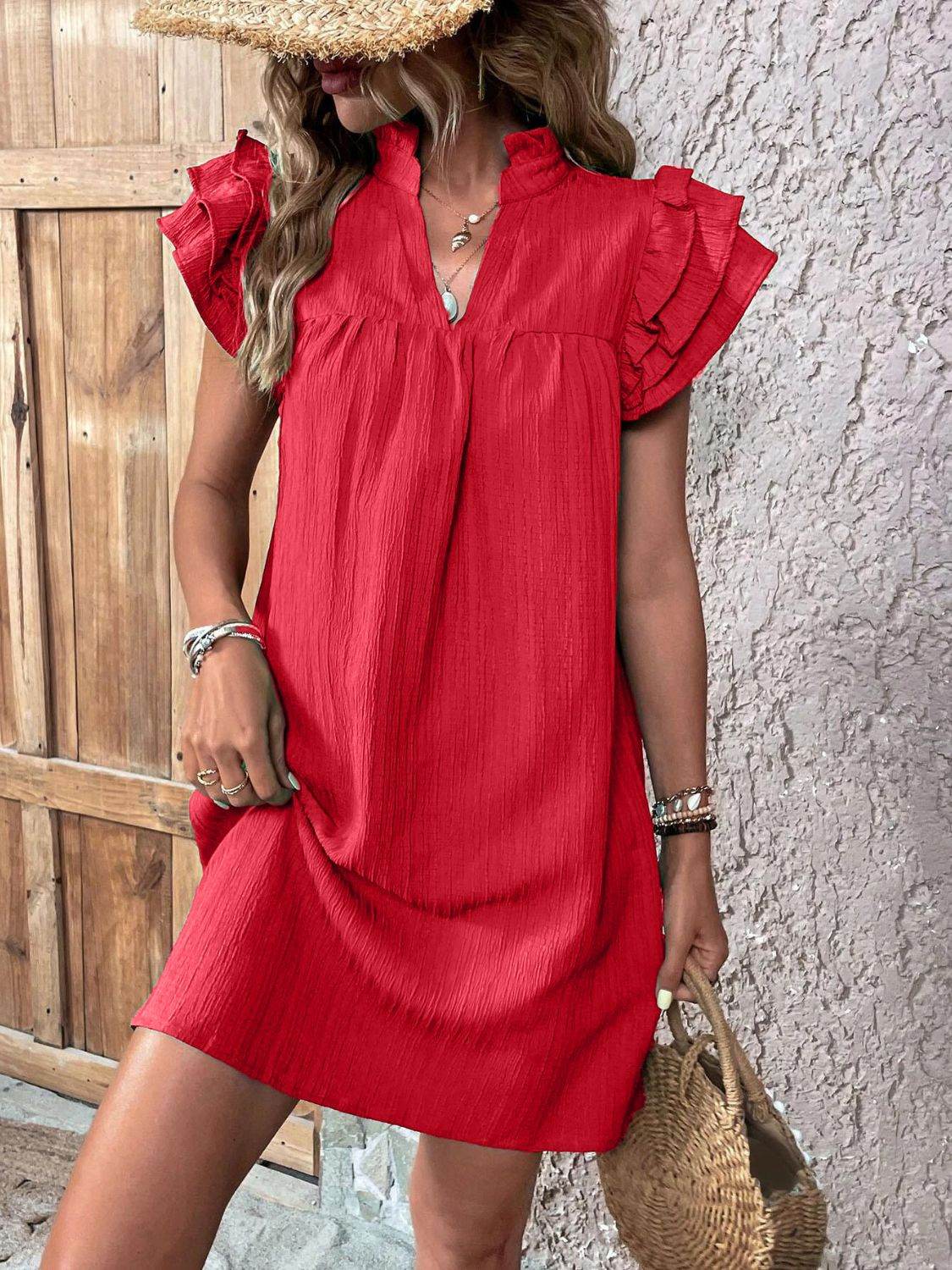 Notched Neckline Mini Dress with Ruffled Cap Sleeves - MARIGOLD