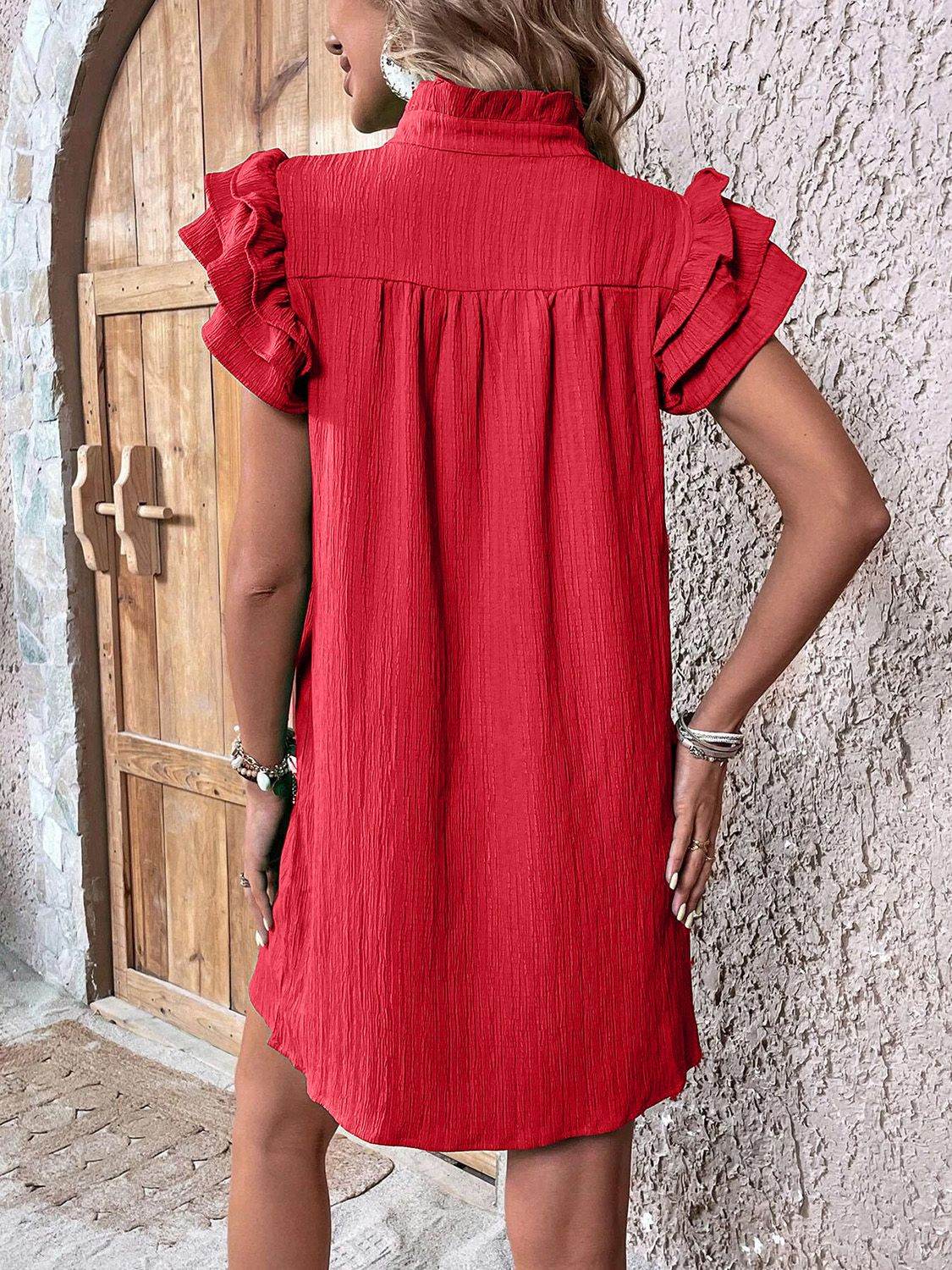 Notched Neckline Mini Dress with Ruffled Cap Sleeves - MARIGOLD