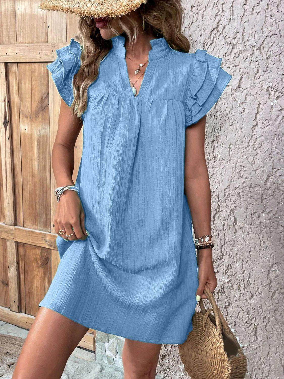 Notched Neckline Mini Dress with Ruffled Cap Sleeves - MARIGOLD