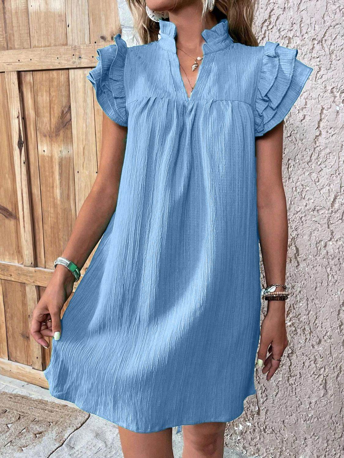Notched Neckline Mini Dress with Ruffled Cap Sleeves - MARIGOLD