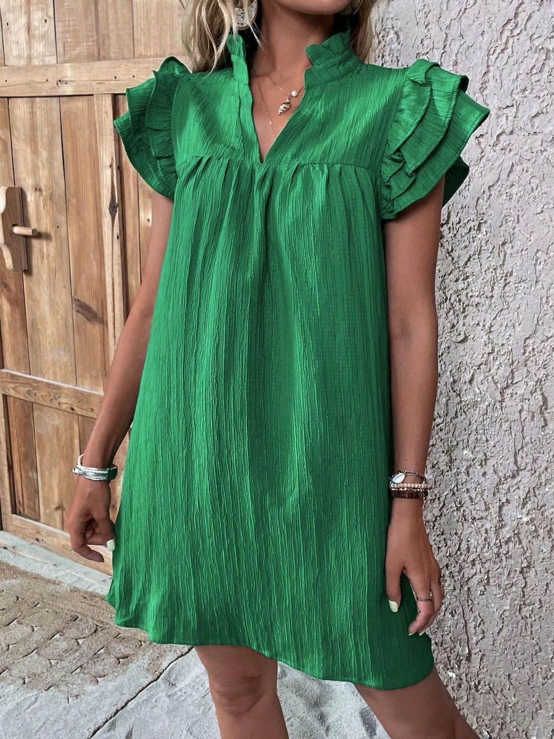 Notched Neckline Mini Dress with Ruffled Cap Sleeves - MARIGOLD