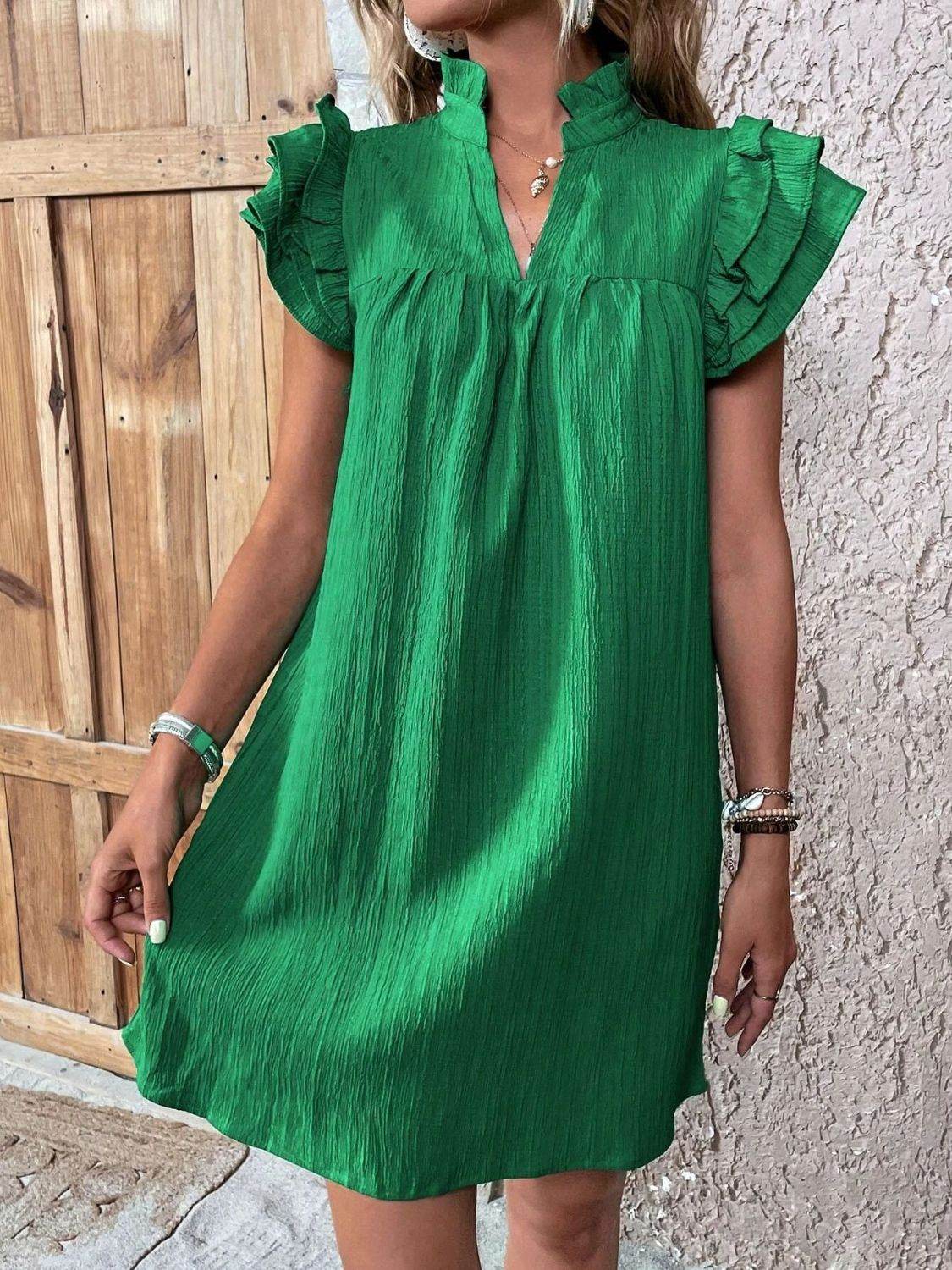 Notched Neckline Mini Dress with Ruffled Cap Sleeves - MARIGOLD