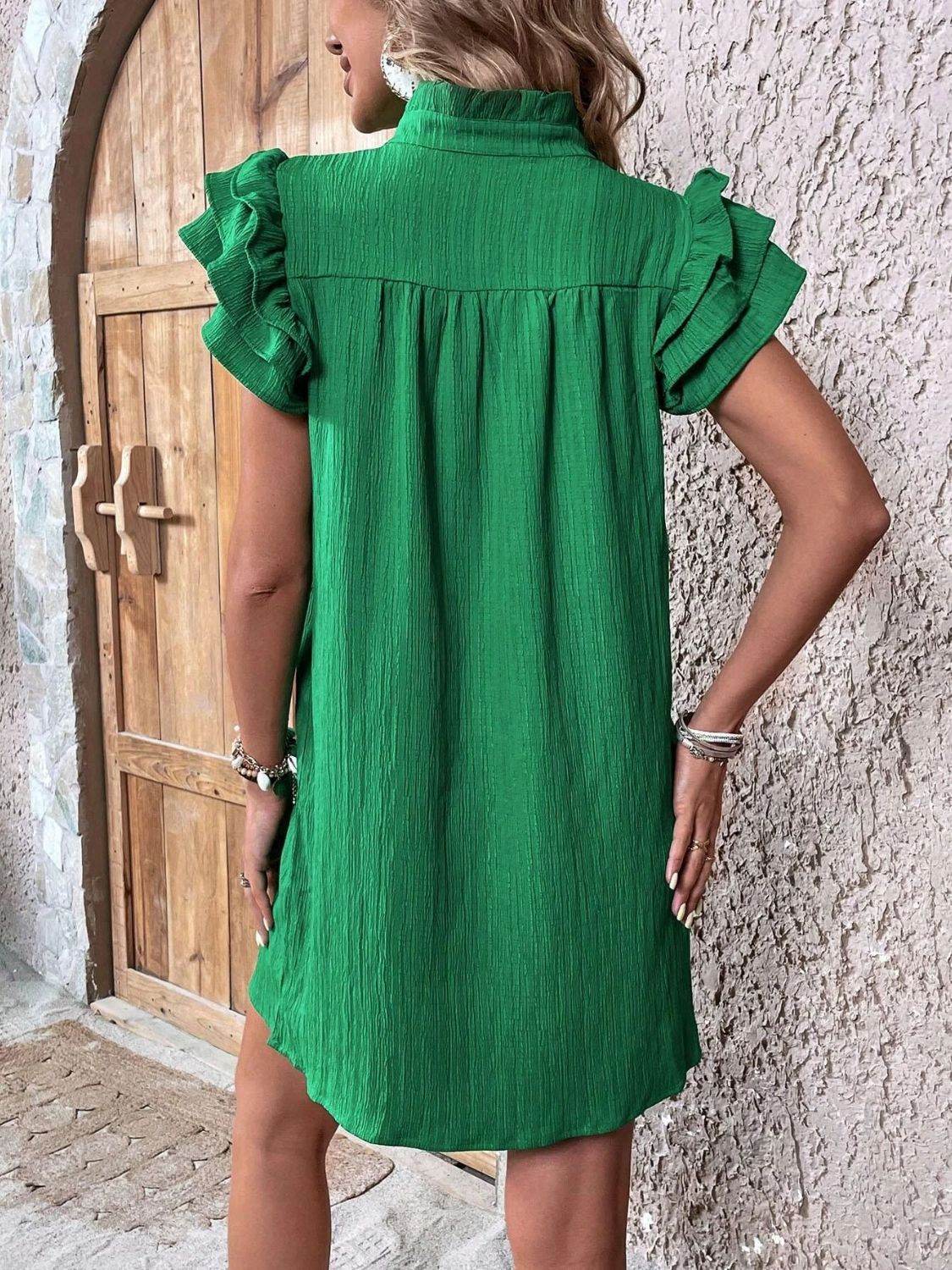 Notched Neckline Mini Dress with Ruffled Cap Sleeves - MARIGOLD